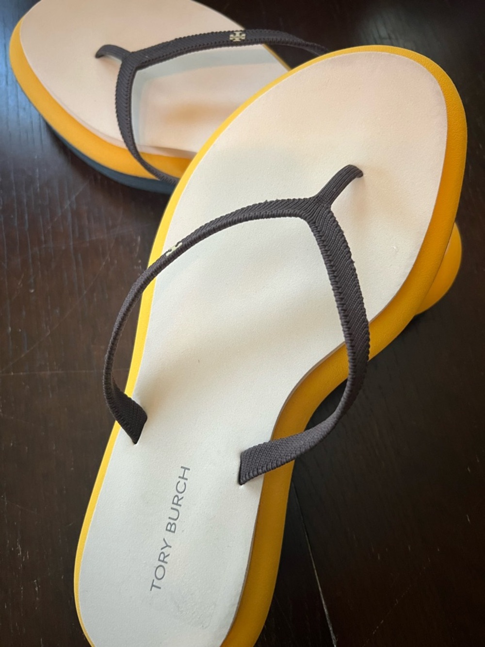 Tory Burch Yellow, White & Black Logo Flip Flops- like new - Picture 3 of 3